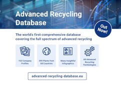 Infographic titled “Advanced Recycling Database” featuring the bullet points “152 Company Profiles,” “399 Plants from 68 Countries,” “Many Insightful Infographics,” and “All Advanced Recycling Technologies” against a digital background.