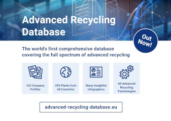 Infografik mit dem Titel 'Advanced Recycling Database' und den Stichpunkten '152 Company Profiles', '399 Plants from 68 Countries', 'Many Insightful Infographics' und 'All Advanced Recycling Technologies' vor einem digitalen Hintergrund.